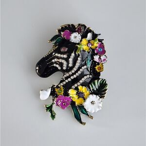 Zebra Brooch Enamel Faux Crystal Accented with Flowers Silvertone Metal